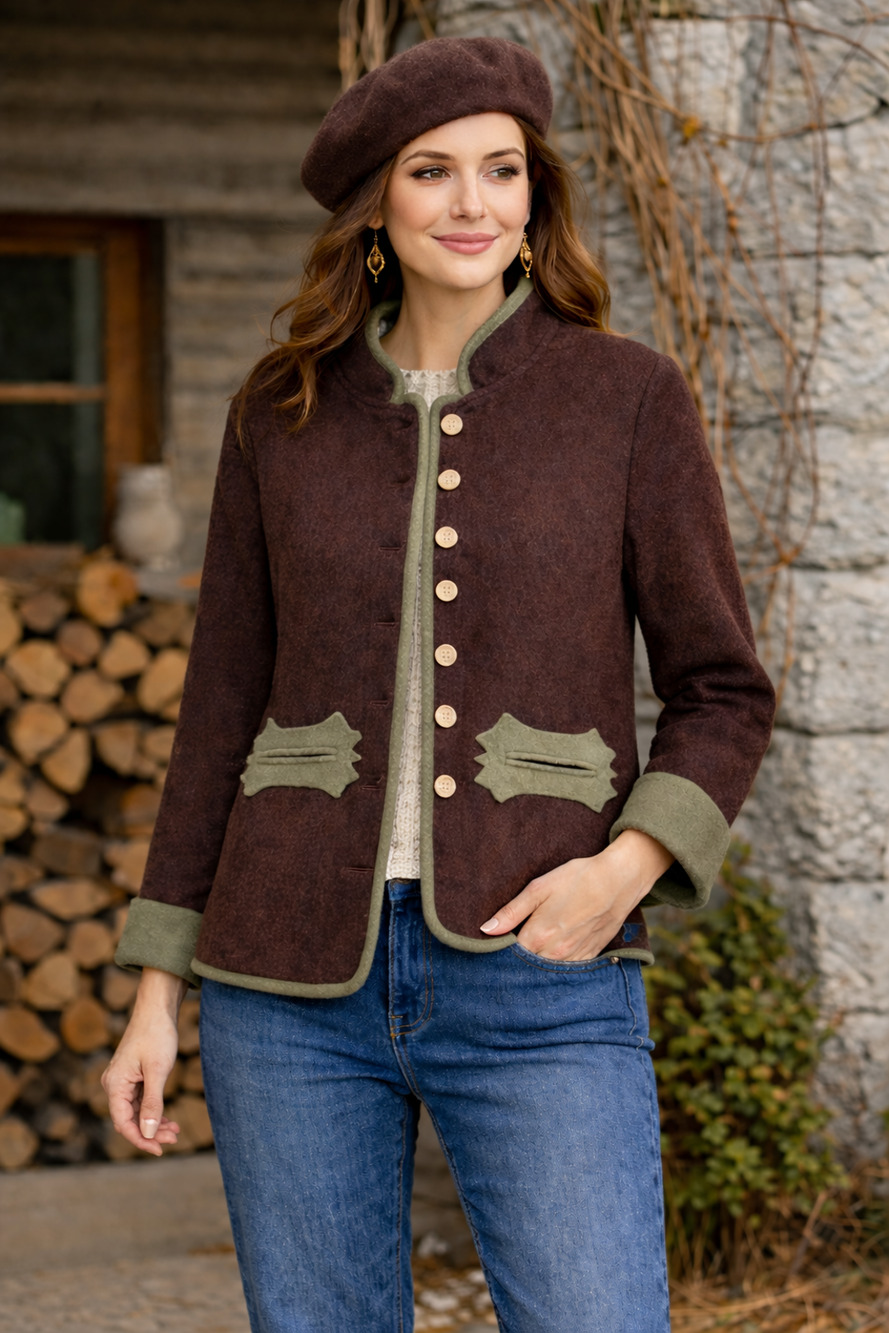 MISSLOOK Fleece Alpine Tyrolean Folk Jacket Brown Green Trim Button Front size L